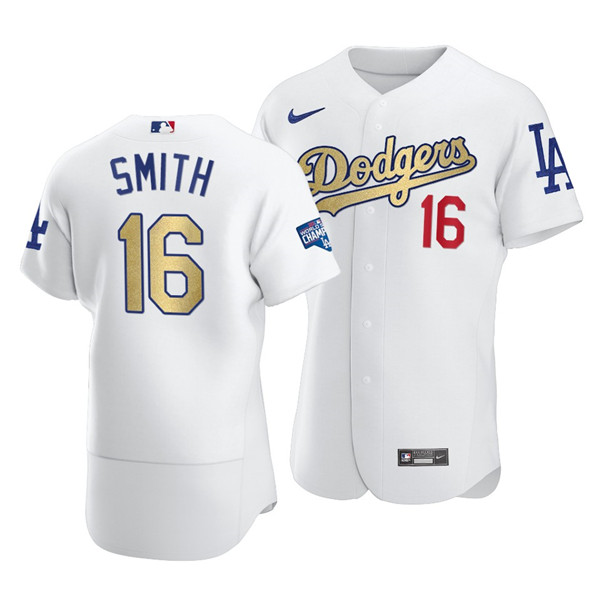 Men's Los Angeles Dodgers #16 Will Smith White Gold 2021 World Series Champions Patch Sttiched MLB Jersey Men's Los Angeles Dodgers #16 Will Smith White Gold 2021 World Series Champions Patch Sttiched MLB Jersey